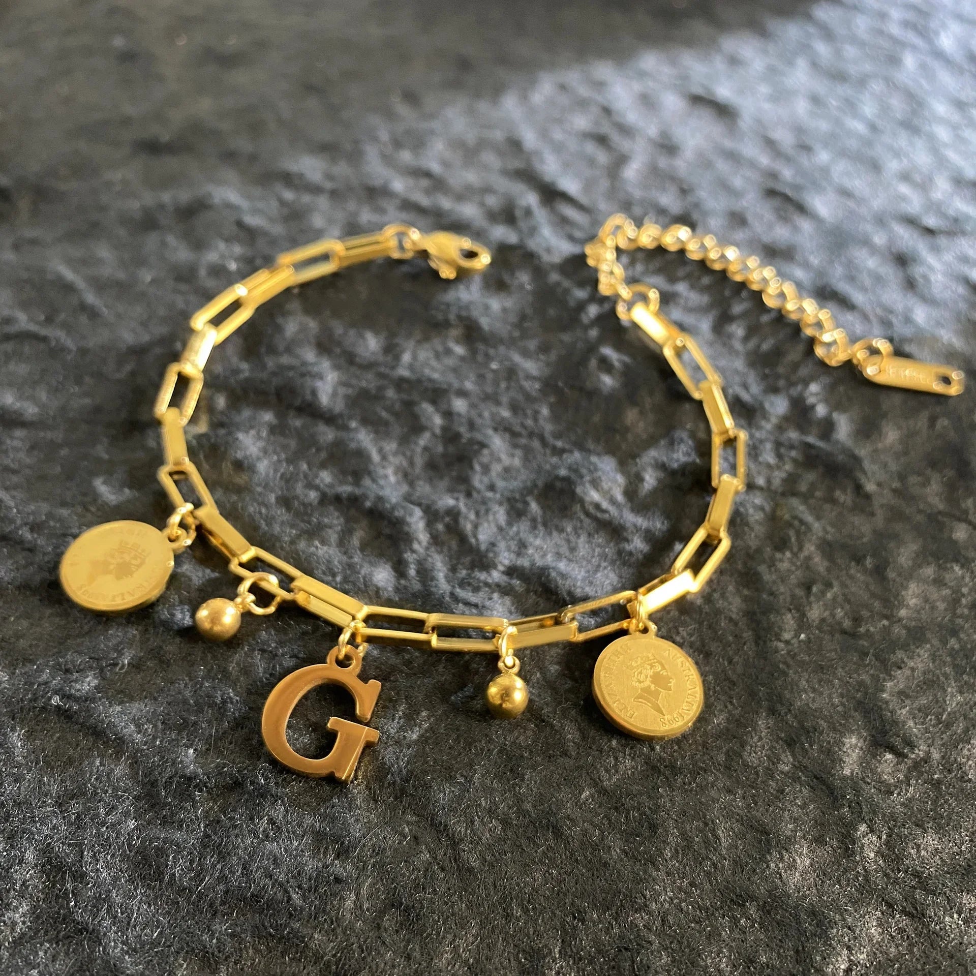 1pc Queen Coin Letter plated Stainless Steel Bracelet for Women Small Bell Pendant Adjustable Bracelet Classic Jewelry Gift