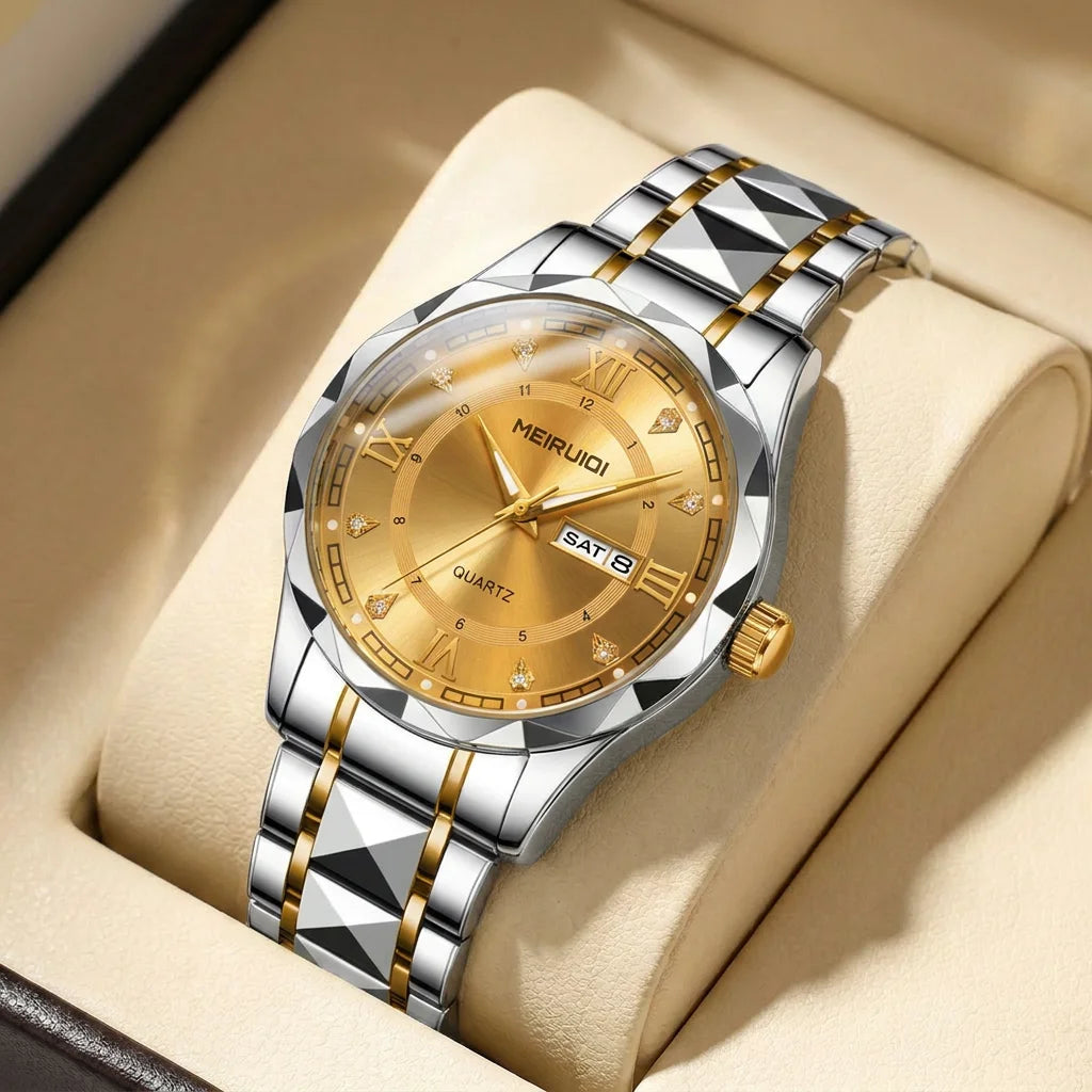 1pcs Men's Gold Alloy Band Luxury Business Calendar Quartz Watch for Party Holiday Gift mbzr