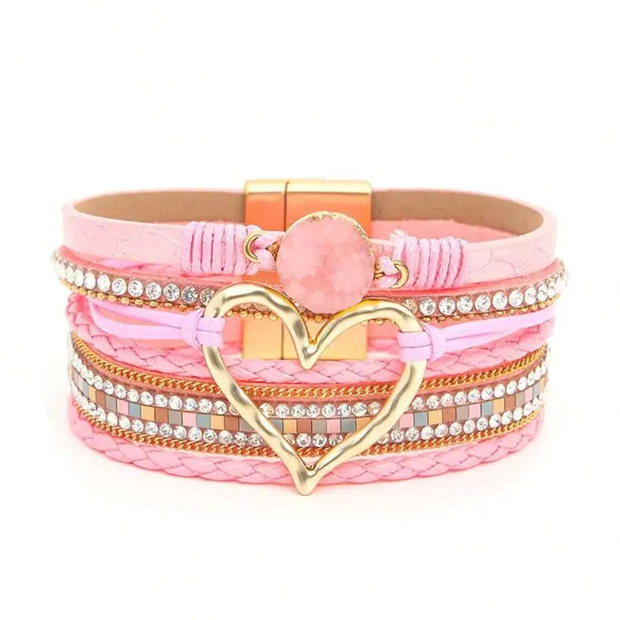 Layered PU Leather Heart Charm Wrap Bracelet With Magnetic Closure For Women, Boho Style, All Season Accessory mbzr