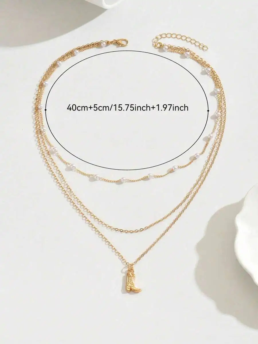 Exquisite Women's Multi-Layer Pendant Necklace, Western Style Boot Pendant Women's Jewelry, Detailed With Faux Pearl, Suitable F