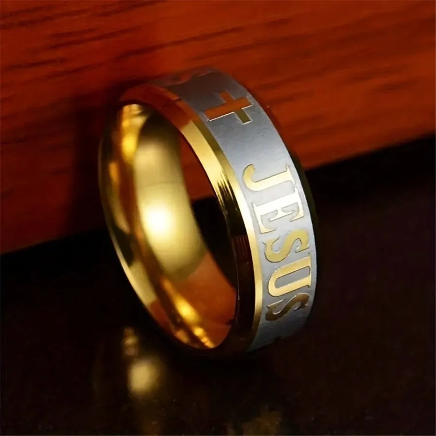 1pc Large Size 8mm 316 Titanium Steel 18K Silver Plated Gold Plated Jesus Cross Letter Bible Wedding Ring