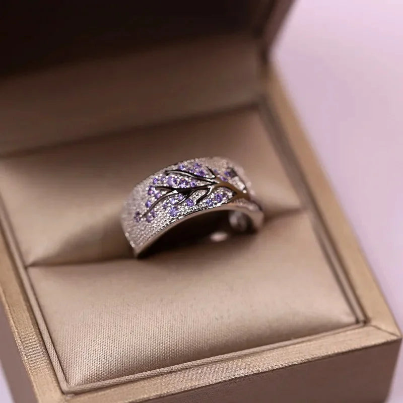 S925 Silver Plated Plum Blossom Ring for Women Classic Stainless Steel Diamond Inlay Oil Drawing Lady's Jewelry Size 6-11