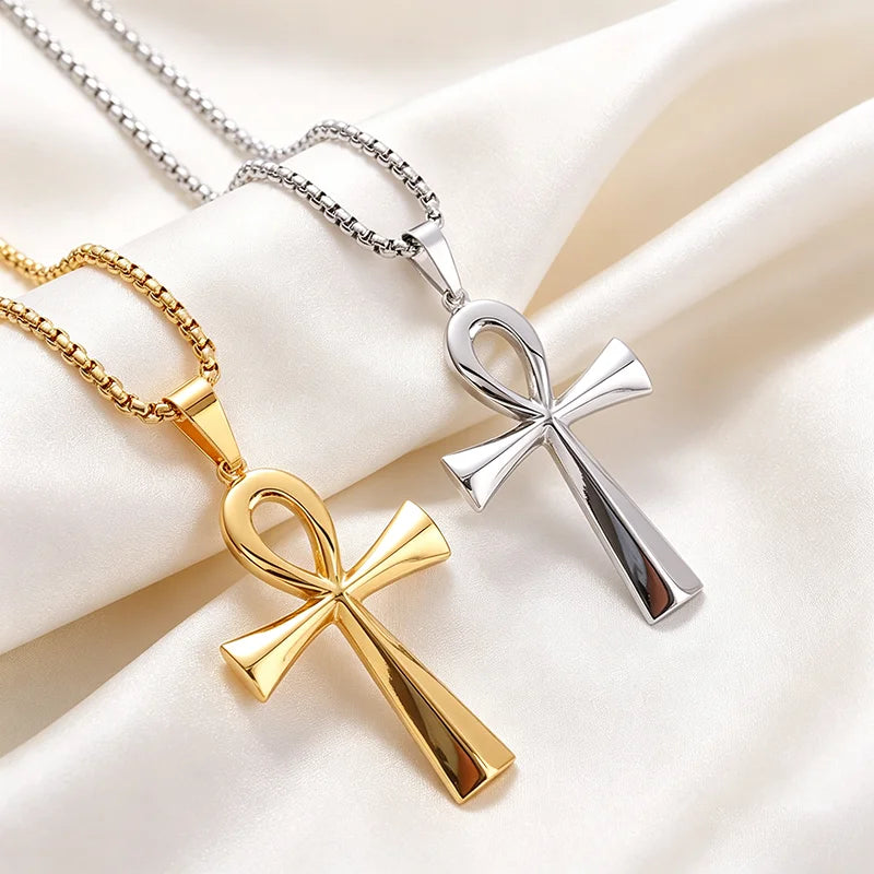 Egyptian Ankh Cross Pendant Necklace for Men Women, Stainless Steel Box Chain Ankh Symbol Necklace, Waterproof Hypoallergenic Non Tarnish Ancient Egypt Life Symbol Jewelry Gift