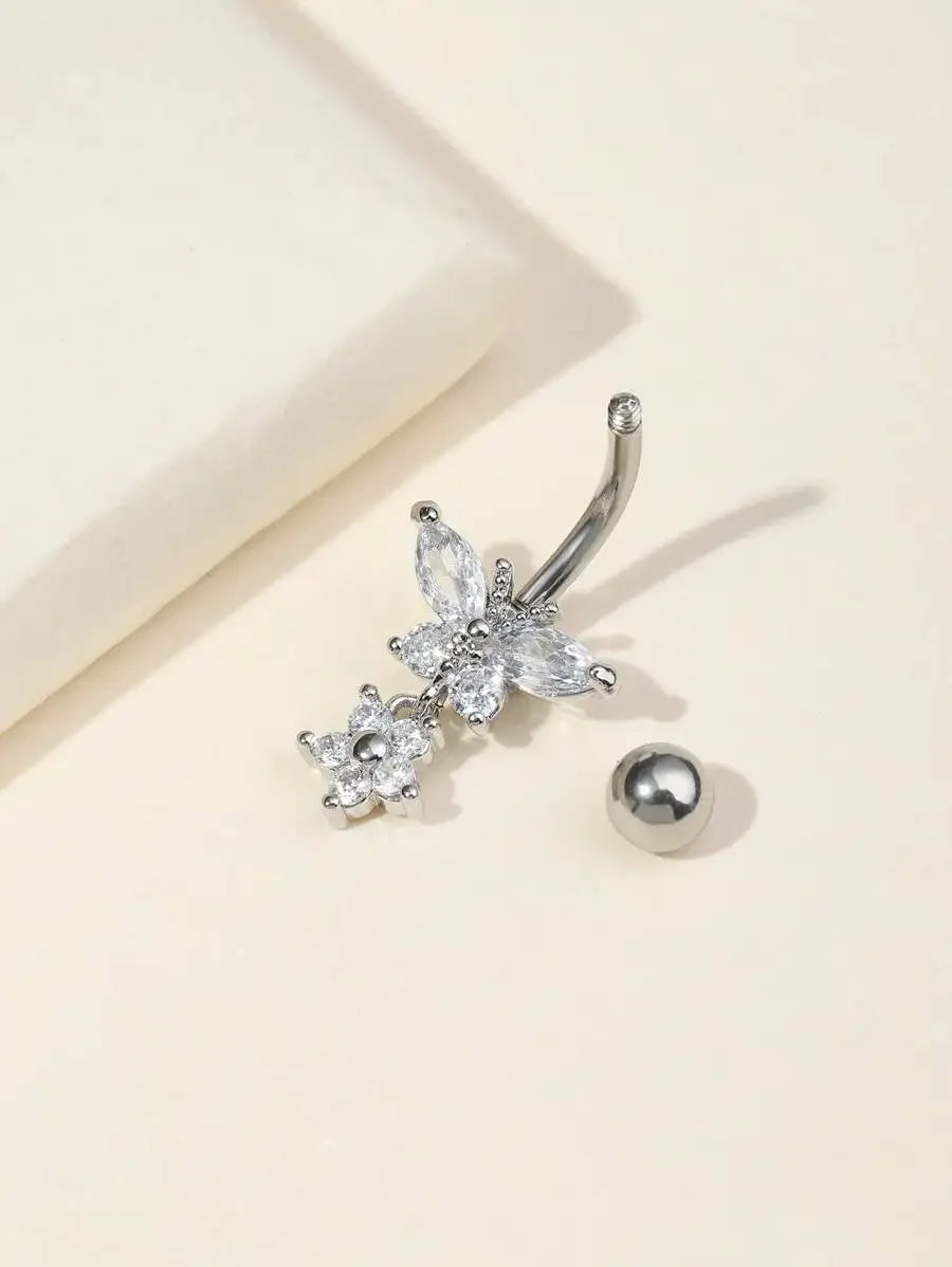 Rhinestone Butterfly Navel Belly Ring Stainless Steel Body Jewelry For Adults