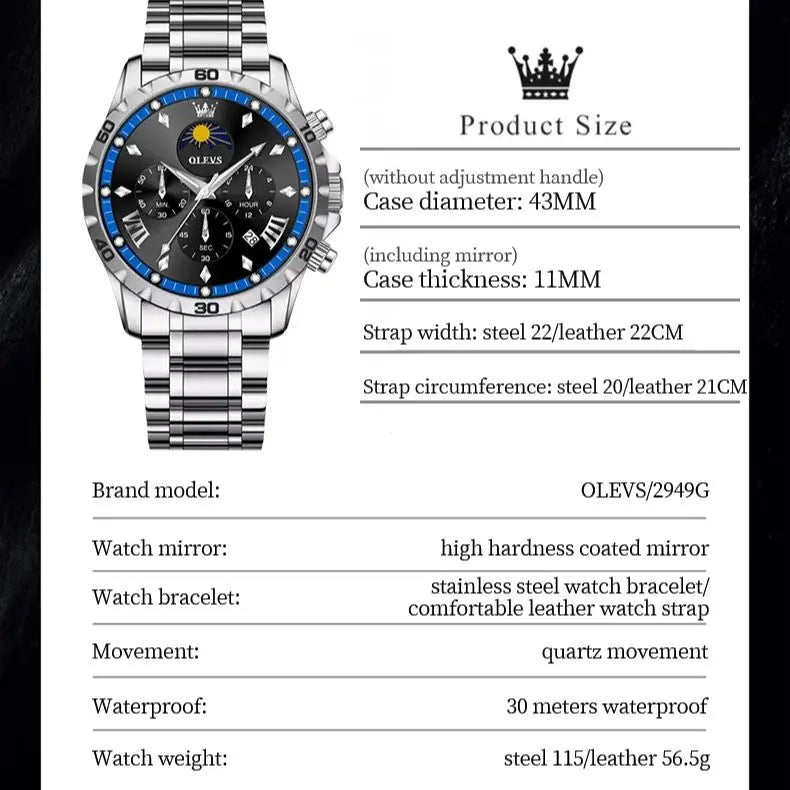 OLEVS Fashion Brand Men's Watch Waterproof and Luminous Calendar Lunar Phase Timing Code Watch Luxury Sports Men's Quartz Watch mbzr