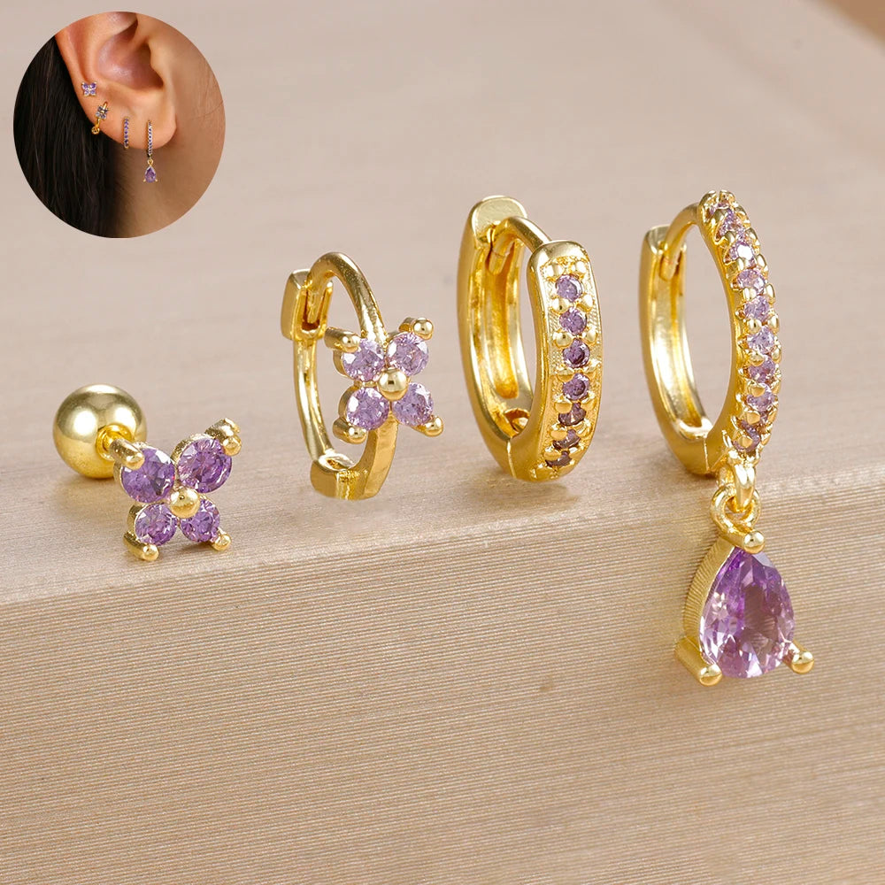 4pcs Korean Stainless Steel Zircon Water Drop Piercing Earrings Set for Women Simple Huggie Square Earring Fashion Jewelry mbzr