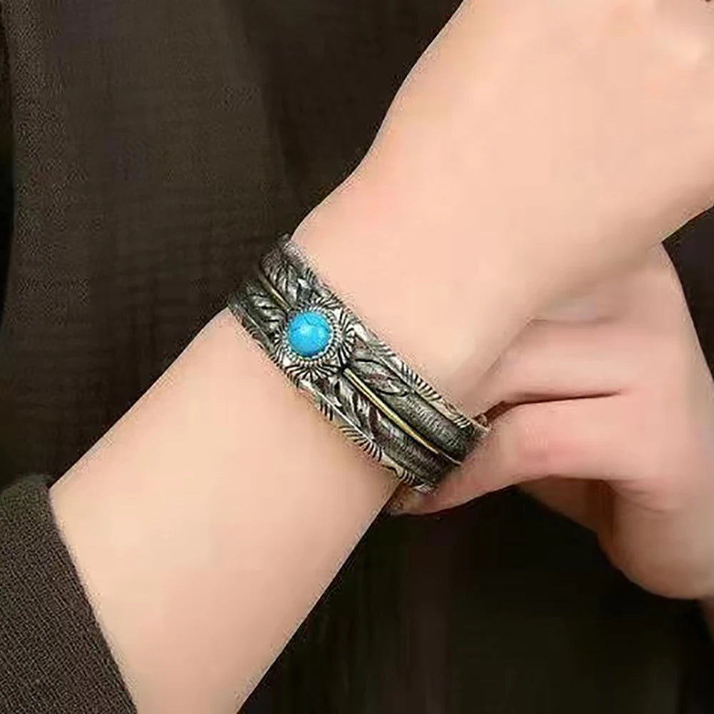 Vintage Copper Plated Silver Color Feather Unisex Bracelet Open Cuff Bangle With Turquoise Retro Style