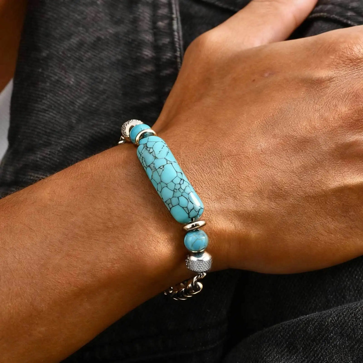 Vnox Stainless Steel Natural Turquoise Bead Bracelet for Men, 19+3cm Adjustable Chain Wristband