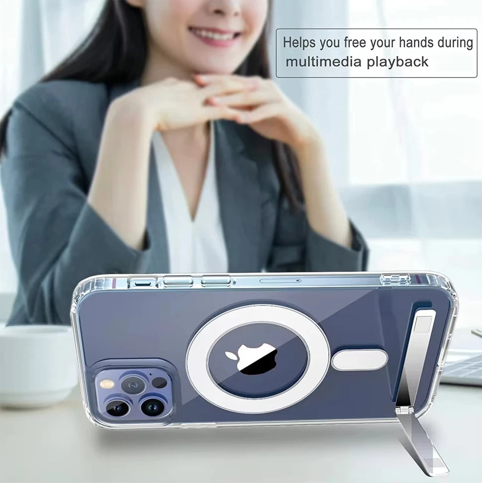 Stand Clear Magnetic Phone Case for iPhone 17 Pro Max Air 16 15 14 13 12 11 X XS Cases with Kickstand Transparent Holder Cover