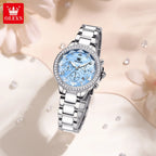 OLEVS 9999 Luxury Diamond Women Watch Fashion Blue Dial Stainless Steel Ceramic Strap Quartz Wristwatch Waterproof Calendar Window Watch
