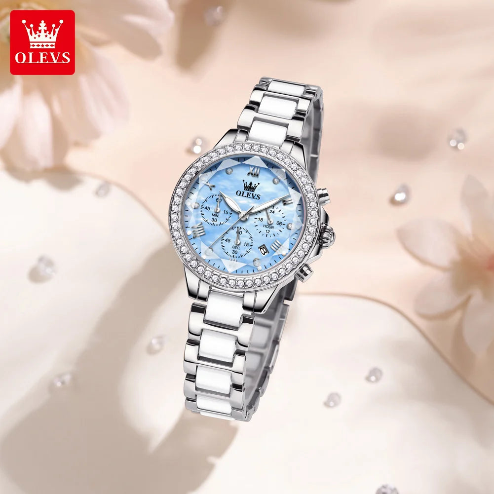 OLEVS 9999 Luxury Diamond Women Watch Fashion Blue Dial Stainless Steel Ceramic Strap Quartz Wristwatch Waterproof Calendar Window Watch