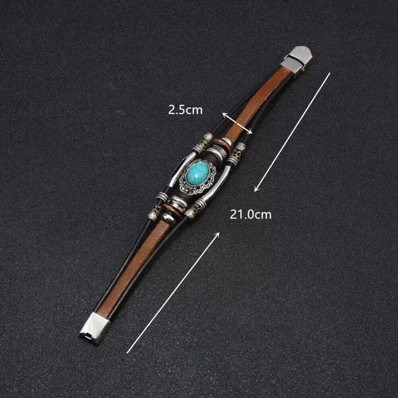 Men Bohemian Bracelet Imitation Turquoise Beaded Leather Durable Stainless Steel Clasp Cuff Hand Jewelry