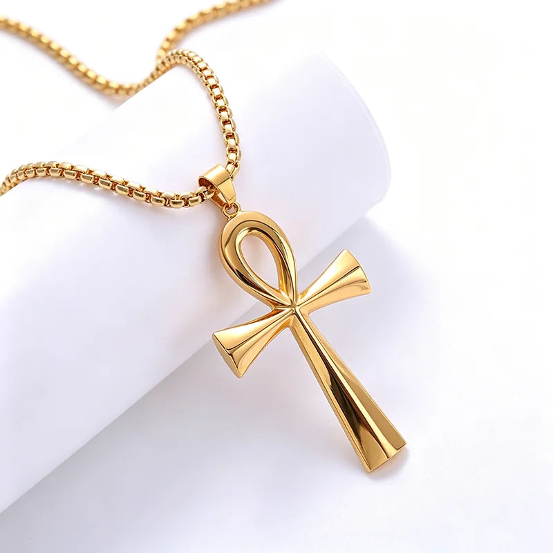 Egyptian Ankh Cross Pendant Necklace for Men Women, Stainless Steel Box Chain Ankh Symbol Necklace, Waterproof Hypoallergenic Non Tarnish Ancient Egypt Life Symbol Jewelry Gift