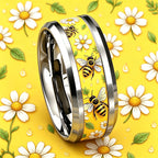 Elegant bee daisy stainless steel ring 8mm wide 304L anti-allergic, scratch-proof, wear-resistant and non-fading ring, male and female couples rings use the same niche design, suitable for student parties/nature lovers/gifts/
