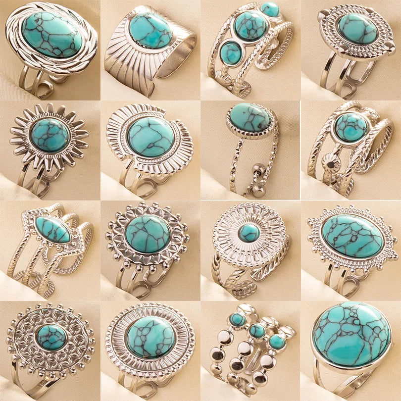 1pc Stainless Steel Boho Turquoise Open Finger Rings Trendy Adjustable Women Multi Layers Stackable