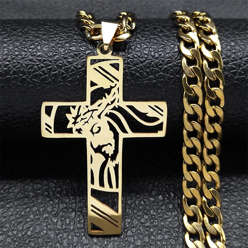 Crown of Thorns Jesus Cross Necklace Stainless Steel Gold Plated Crucifix Pendant Necklaces Jewelry