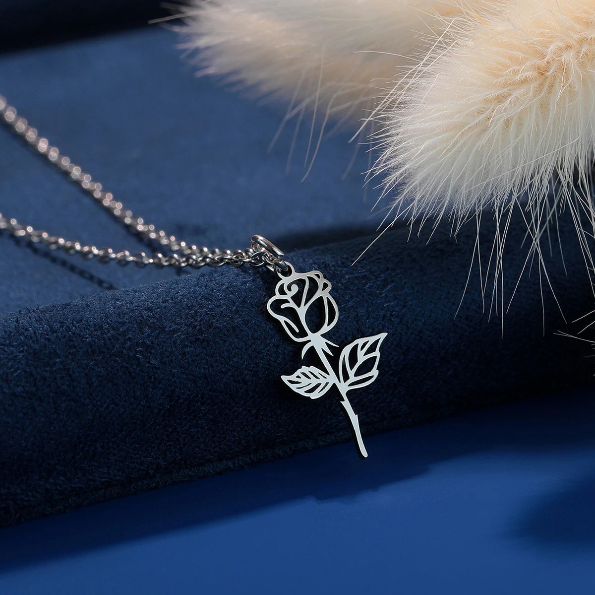 Kinitial Stainless Steel Necklace Flower Charms Chain Rose Flower Pendant Necklaces For Women Female Collares Gifts Para Mujer