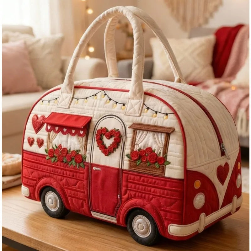 Vintage RV-style handbag, fashionable printed red rose heart design, large-capacity vacation travel beach bag, commuter tote bag for women, short-trip gym bag, multifunctional short-trip travel sports bag mbzr