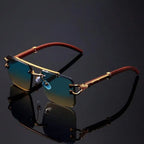 Retro Double Bridge Rimless Sunglasses With Wood Texture And Gold Tone Decoration mbzr
