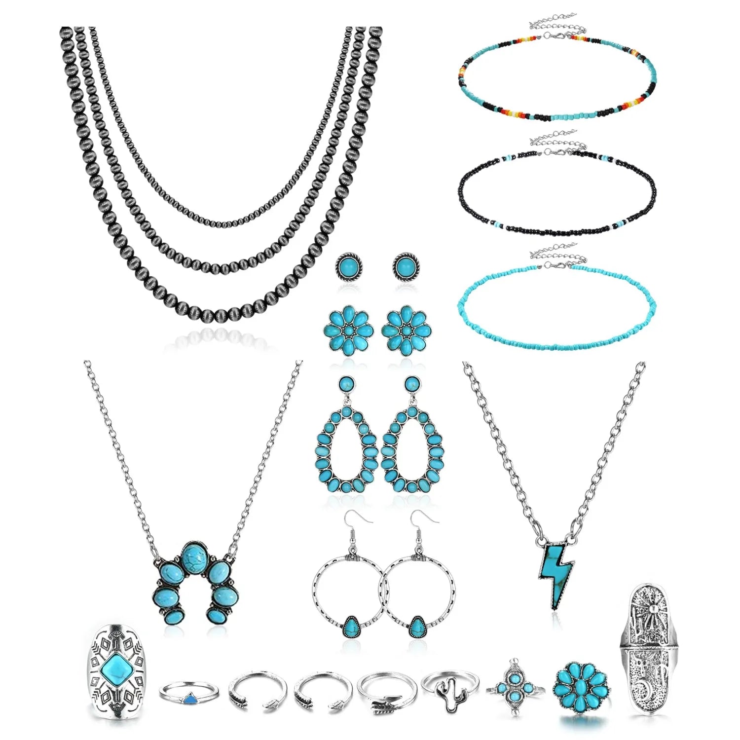 Turquoise Jewelry for Women Bohemian Western Jewelry Set Navajo Pearl Necklace Beaded Choker Necklace Turquoise Earrings Bracelet Vintage Knuckle Rings Boho Western Jewelry for Women