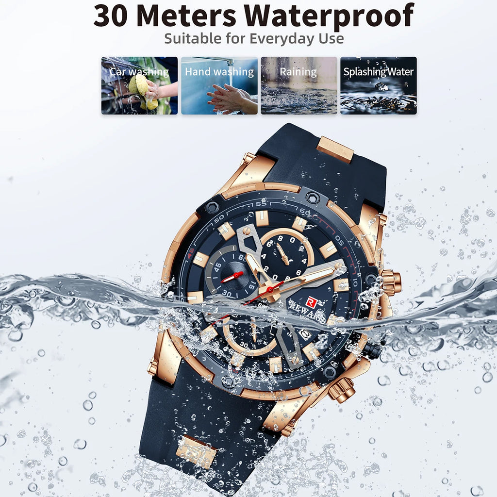 REWARD Luxury Sport Men Quartz Watch Man Wristwatch Chronograph Silicone Strap Waterproof Luminous Hands Date Men's Watches