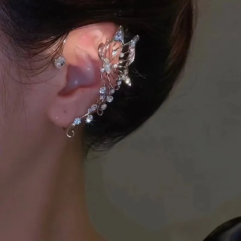 French Style Large Crystal Butterfly Ear Hook Clip Earrings Unique Hollow Wing Dangle Ear Cuff High End Nightclub Gown Fine Jewelry