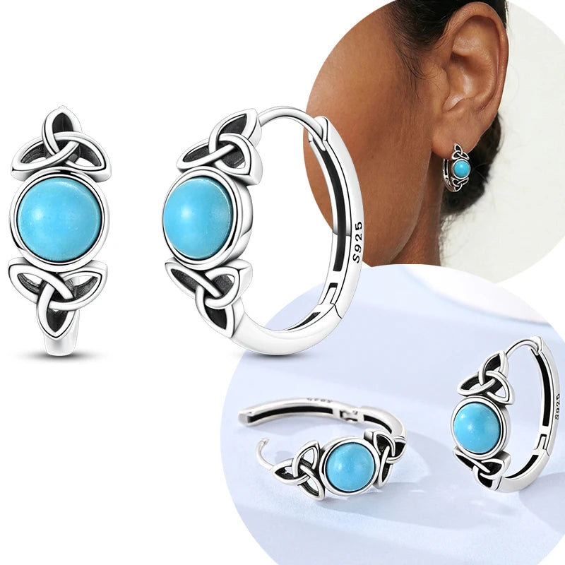 Original 925 Sterling Silver Unique Design Celtic Knot Blue Turquoise Hoop Earrings For Women Jewelry Gift mbzr