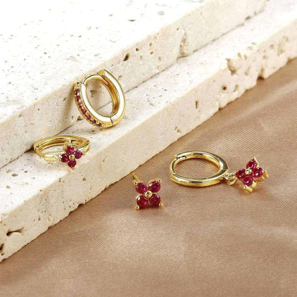 4pcs Fashion Cubic Zirconia Flower Hoop Earrings Set 18K Gold Plated Stainless Steel Stud Earring Piercing Jewelry aretes mujer