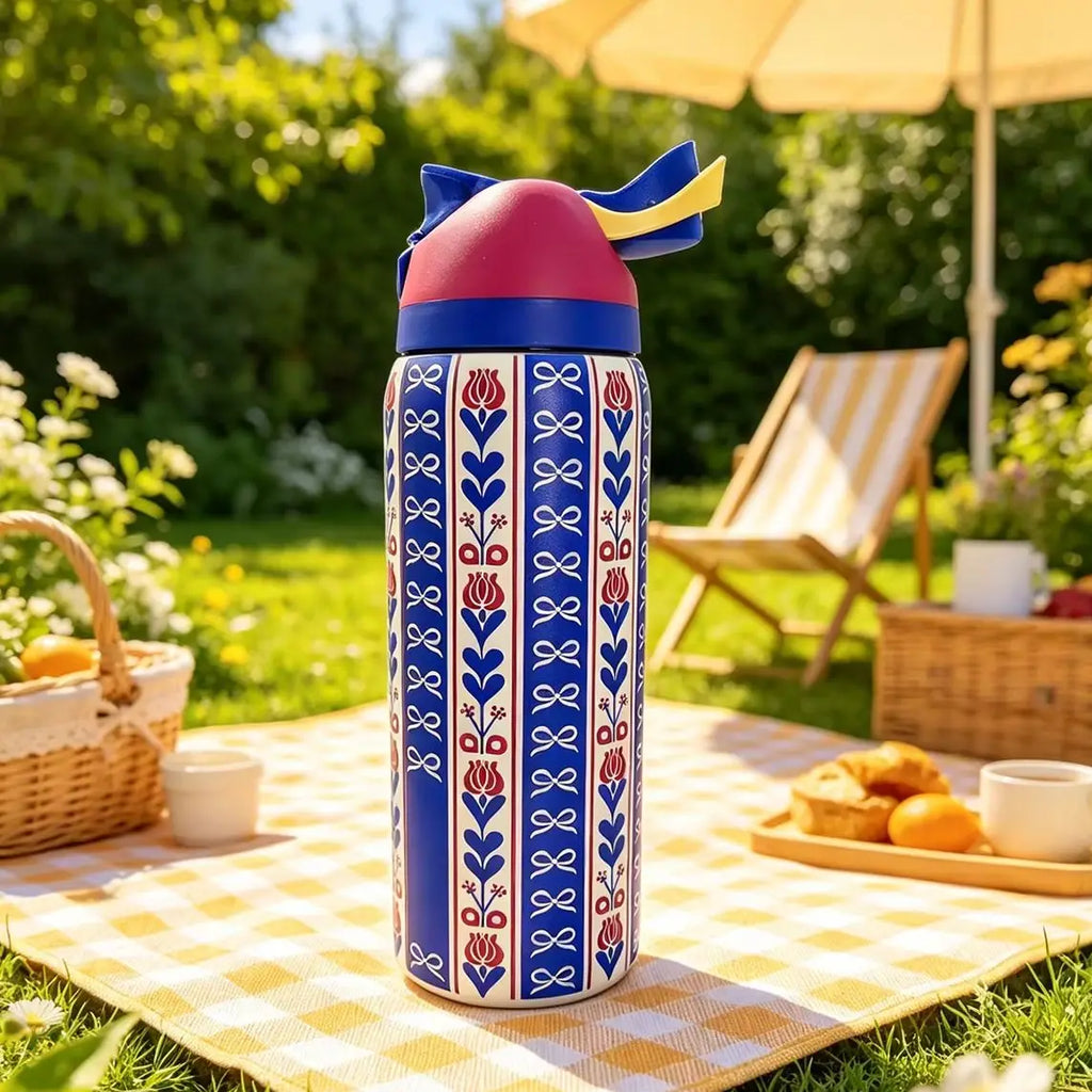 Owalaa blue pattern 32oz/945ml stainless steel insulated water bottle with straw,for daily sports outdoor,perfect gift mbzr