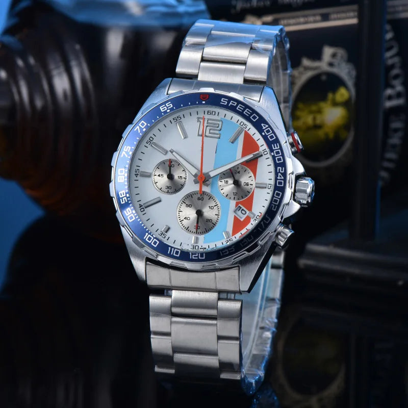 Men Racing Sport Quartz Chronograph Watch Stainless Steel Metal Bracelet 3 Sub-Dials Multicolor Dial Optional Tachymeter Bezel Date Calendar Luminous Waterproof Large Dial Business Casual Male Wrist Clock