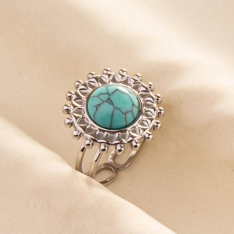 1pc Stainless Steel Boho Turquoise Open Finger Rings Trendy Adjustable Women Multi Layers Stackable