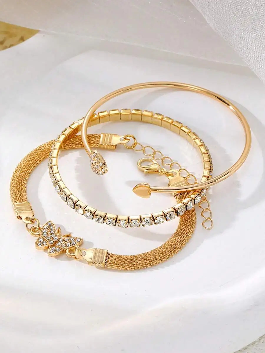 3pcs/Set Luxury Fashion Minimalist Personalized Rhinestone Butterfly & Heart Layered Bangle Bracelet, High-End Accessory Set For