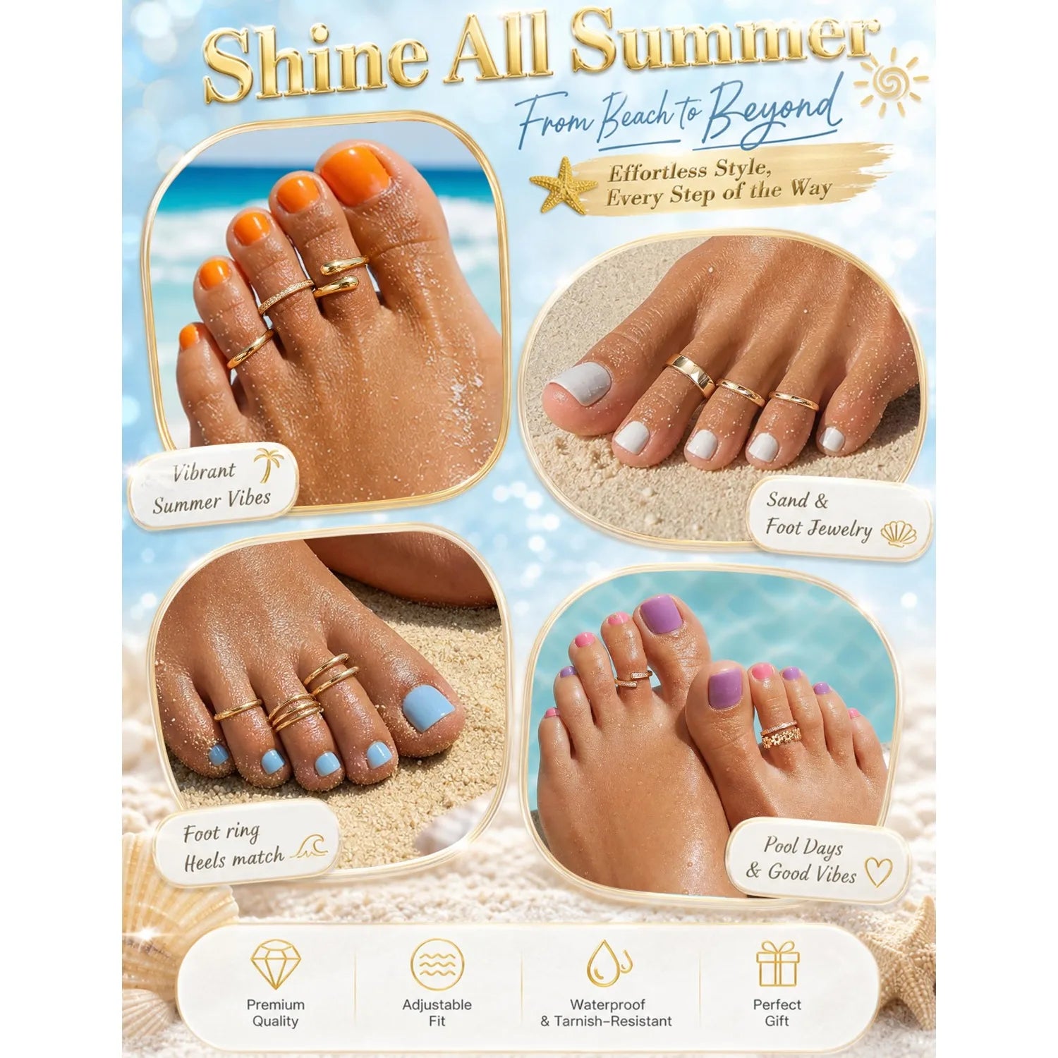3Pcs Toe Rings for Women Non Tarnish 14K Gold Filled Adjustable Toe Ring Set Daisy CZ Plain Hug Triple Open Band Ring Summer Beach Foot Jewelry for Women