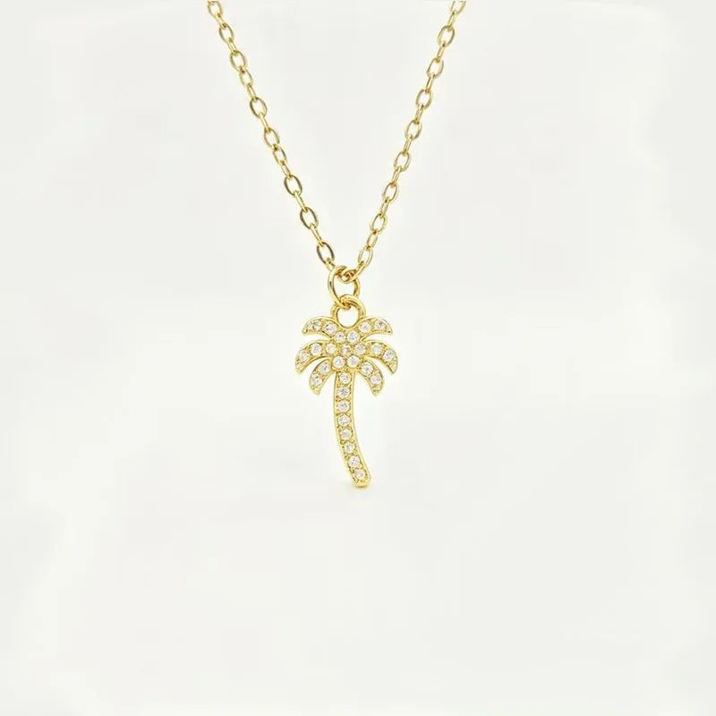 1Pc resort style 18K gold coconut tree inlaid with zircon palm tree necklace pendant, summer atmosphere versatile titanium steel collarbone chain, unisex