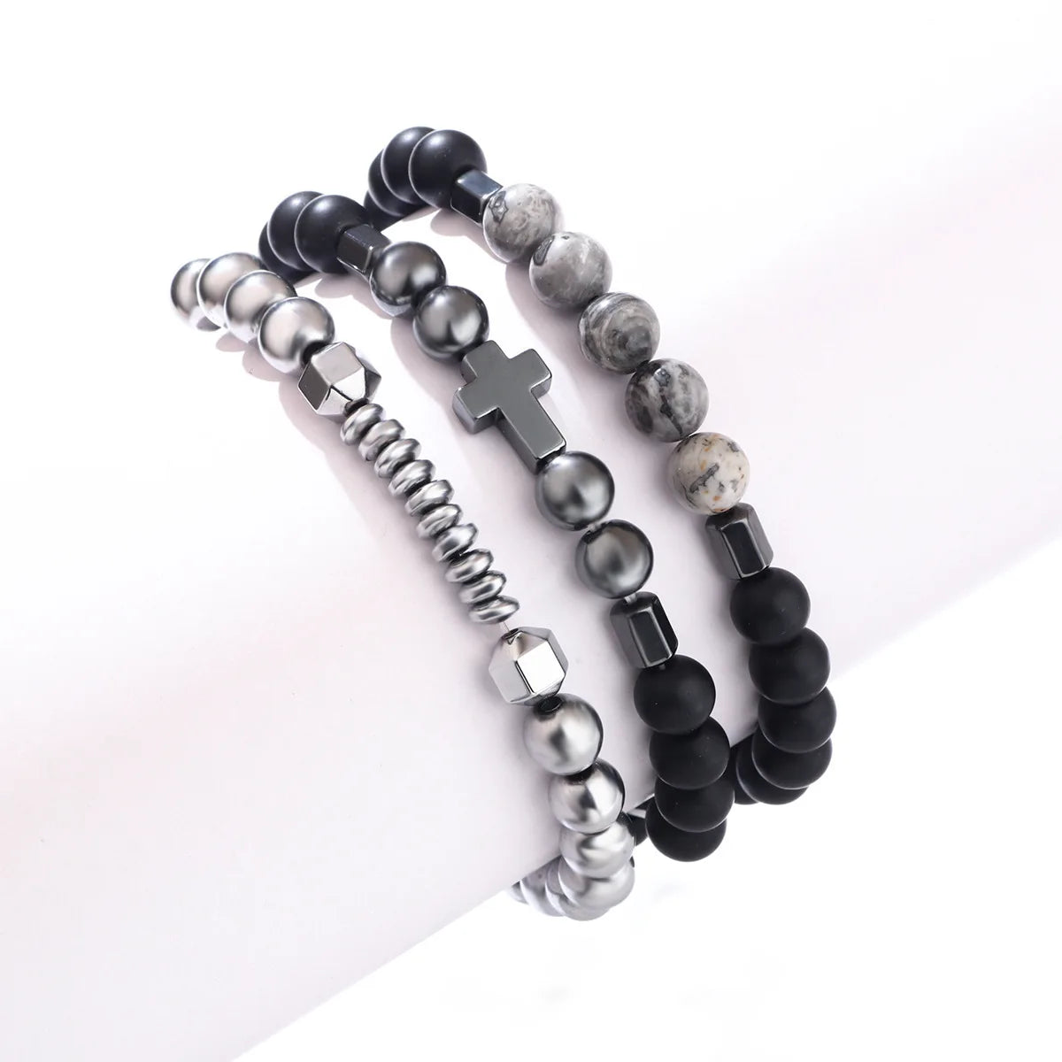 Women's UFO shaped cross black gallstone vintage bracelet with map stone   elastic cord   obsidian   luxury collectible