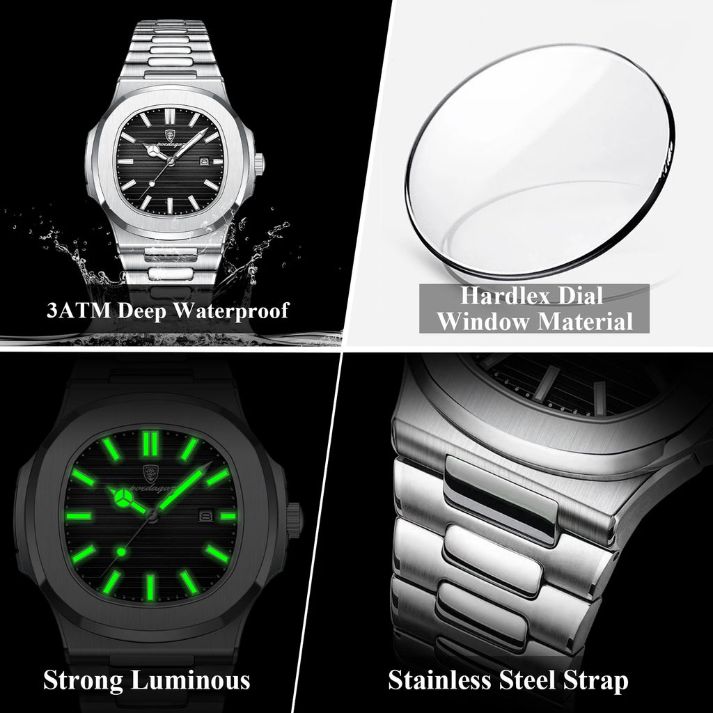 POEDAGAR Square Luxury Men Wristwatch Waterproof Luminous Date High Quality Stainless Steel Male Clock Business Sports Quartz Watches For Men Reloj Hombre mbzr