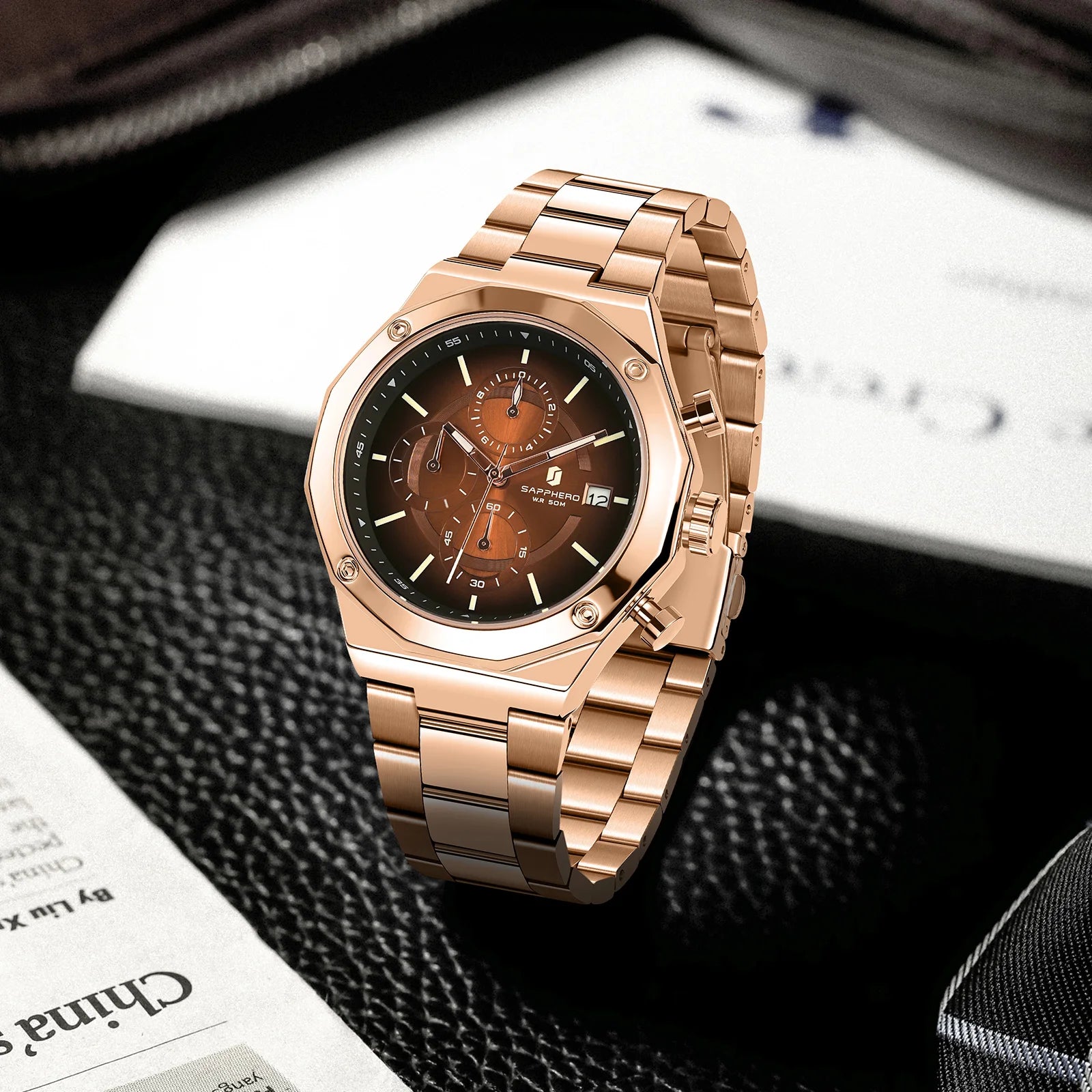 SAPHERO Men's Chronograph Quartz Watch 5ATM Waterproof Stainless Steel Business Wristwatch Perfect Gift for Father Husband mbzr