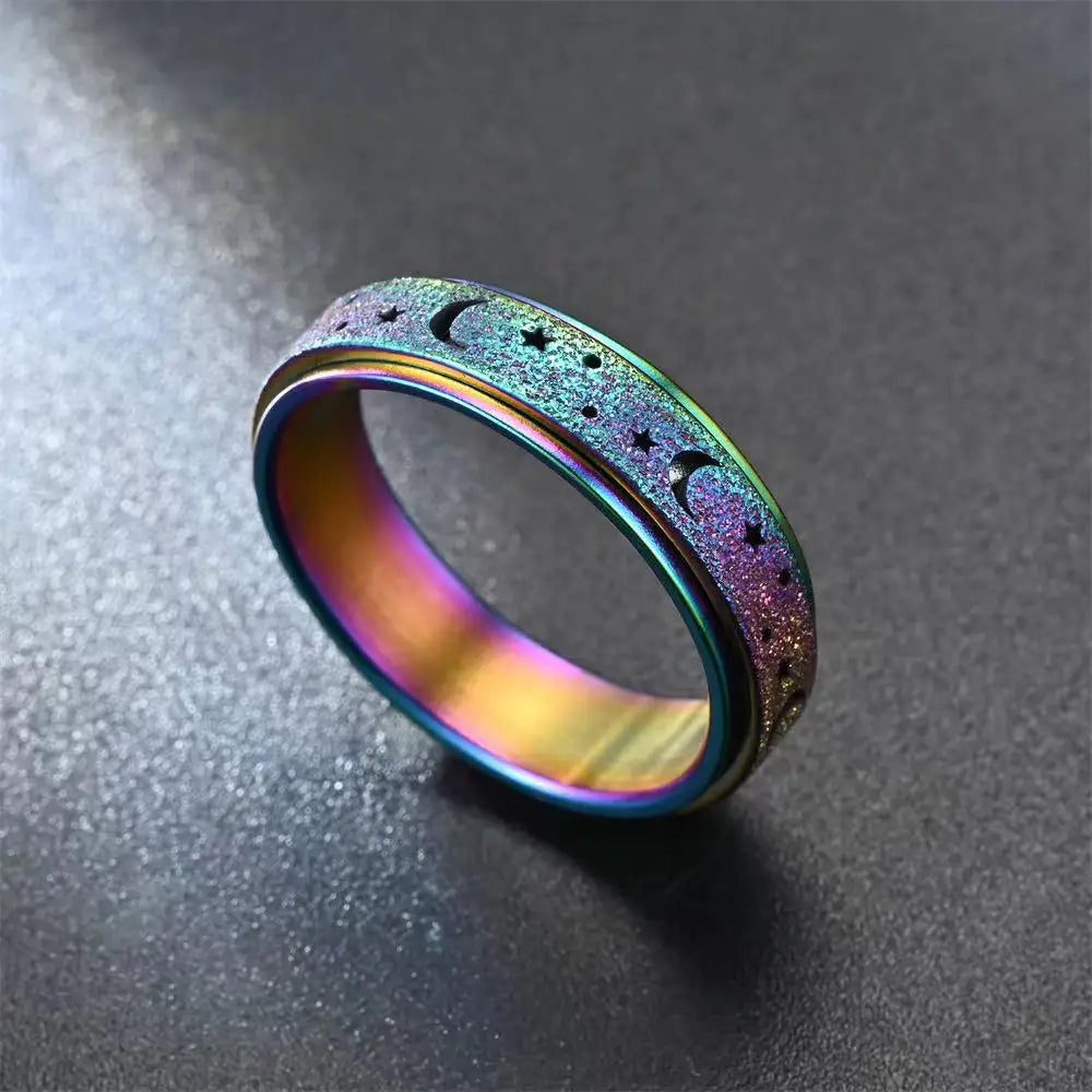 Anti Stress Stainless Steel Spinning Rotating Finger Rings For Women Men Rotatable Design Moon-Star Frosted Ring Fashion Jewelry