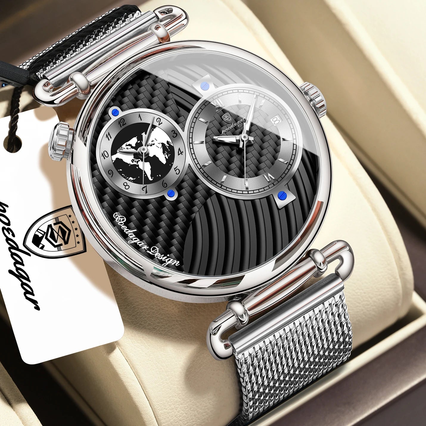 POEDAGAR Original Fashion Man Wristwatch Multiple Time Zone Display Waterproof Calendar Men Watch Mesh Stainless Steel Quartz Business Men's Watches Reloj