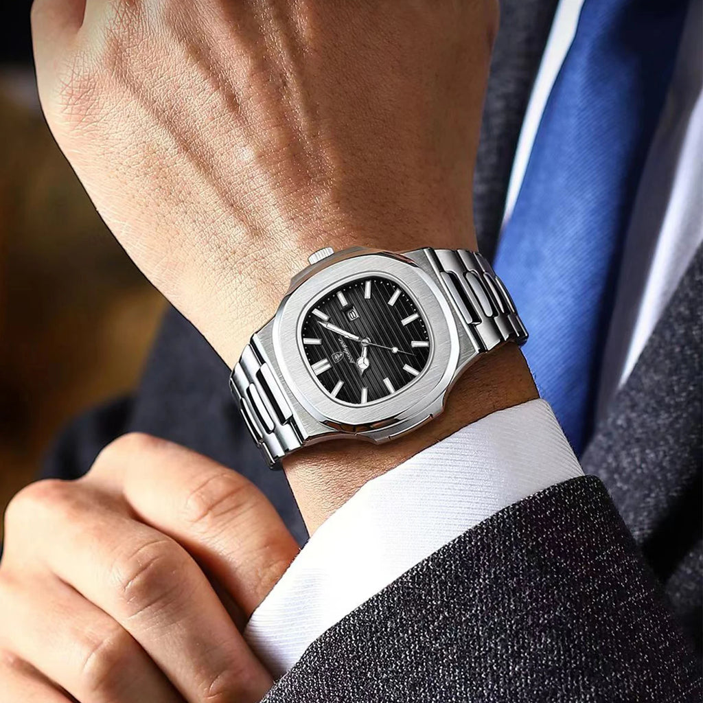 POEDAGAR Square Luxury Men Wristwatch Waterproof Luminous Date High Quality Stainless Steel Male Clock Business Sports Quartz Watches For Men Reloj Hombre mbzr