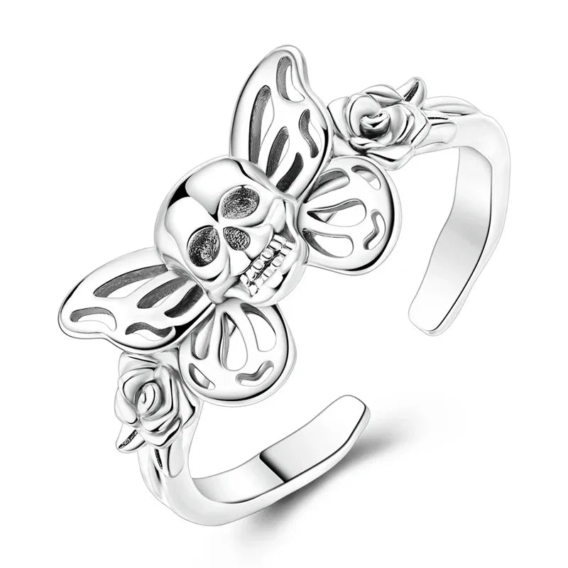 Retro-Style 925 Sterling Silver Open Ring – Hollow Skull & Butterfly, Punk Jewelry Accessory for Women mbzr