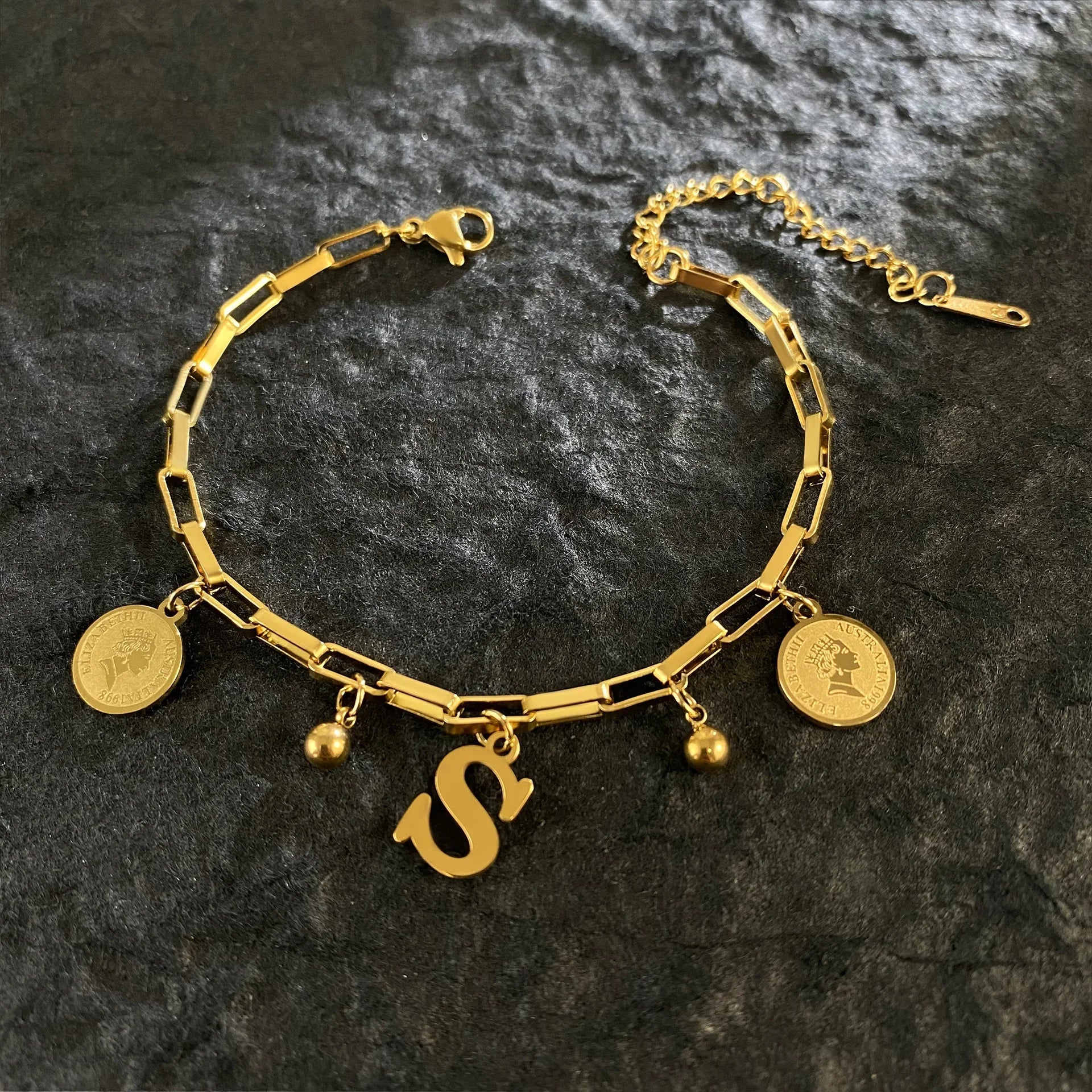 1pc Queen Coin Letter plated Stainless Steel Bracelet for Women Small Bell Pendant Adjustable Bracelet Classic Jewelry Gift