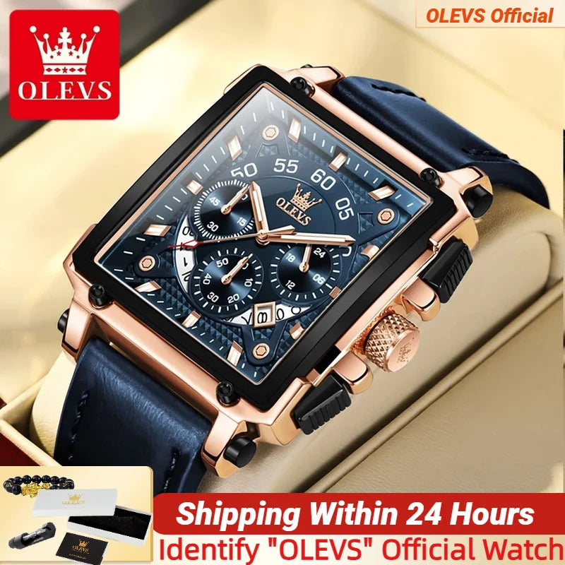 OLEVS 9919 Chronograph Multifunctional Quartz Men's Watch Leather strap 45MM Square Big Dial Leisure Sports TOP Brand Male Watch mbzr