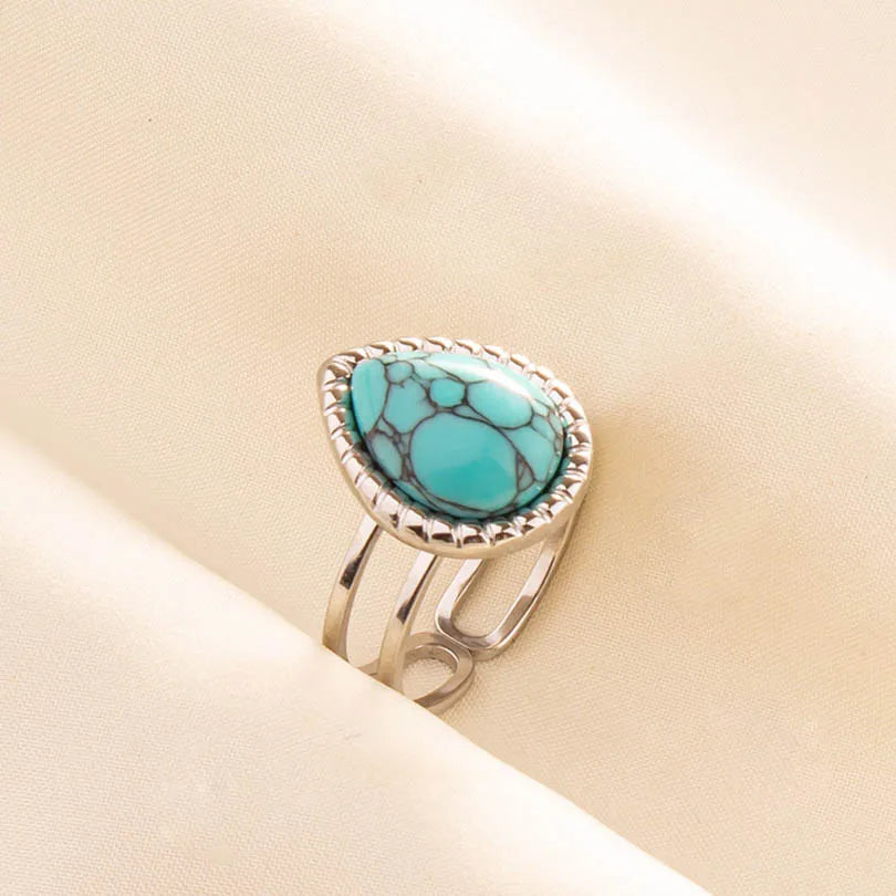 1pc Stainless Steel Boho Turquoise Open Finger Rings Trendy Adjustable Women Multi Layers Stackable