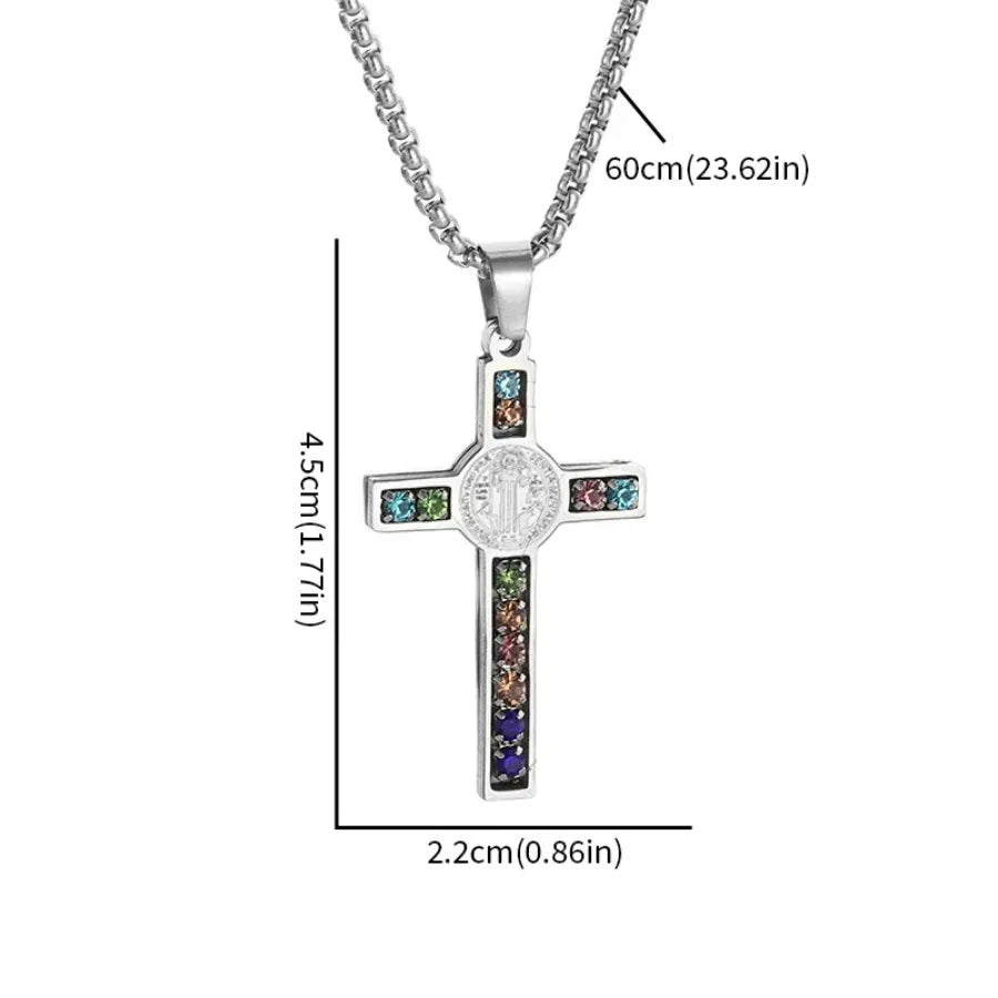 Stainless Steel Saint Benedict Cross Necklace, Zircon Inlay