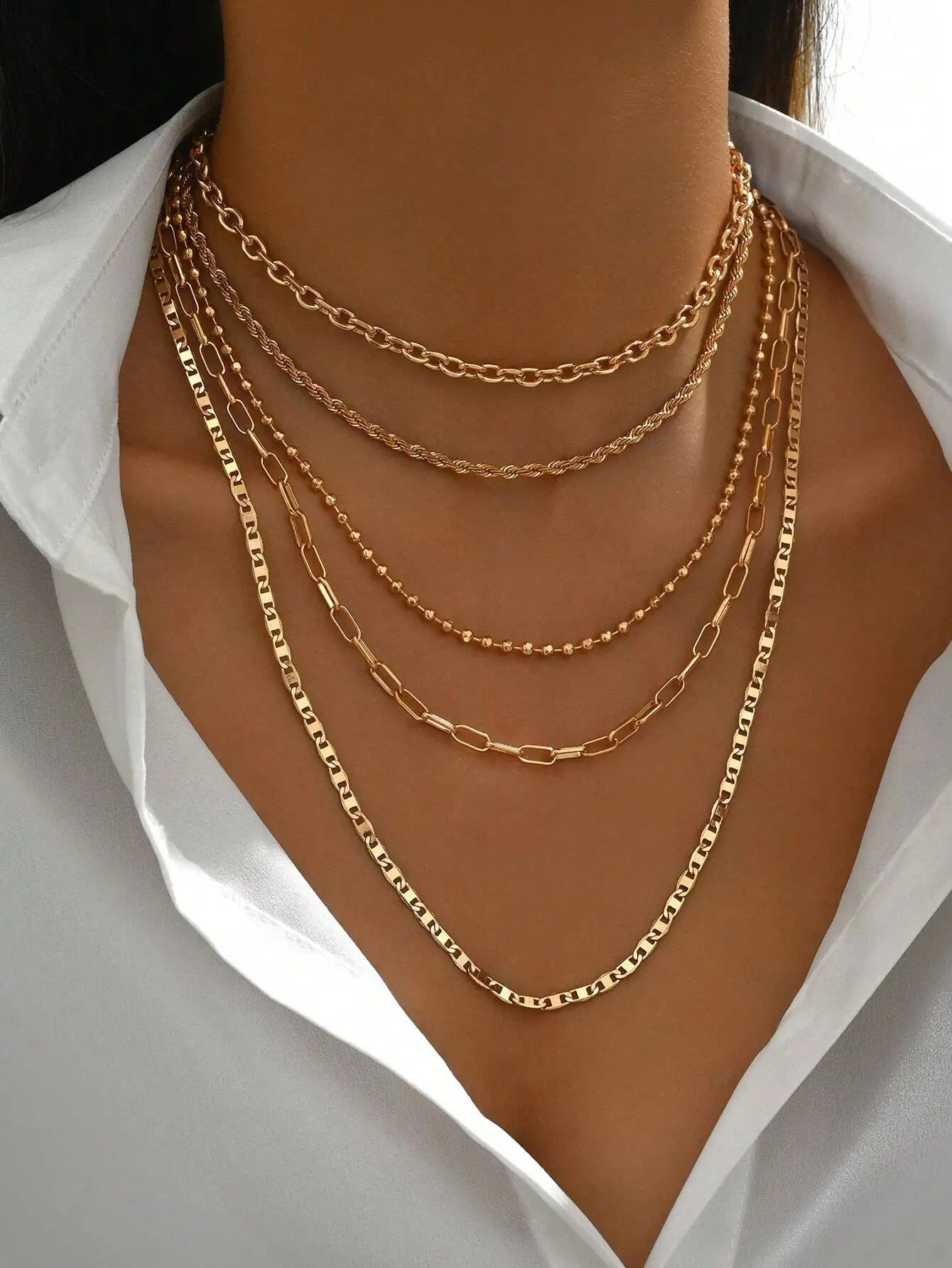 5pcs/Set Simple Braided Bead Chain Necklaces, Gold Tone, Layered Pendant Necklace Set For Women Daily And Party Wear mbzr