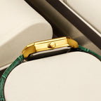 YaLaLuSi Vintage Gold Ladies Watch Irregular Octagon Rectangle Emerald Green Dial Croc Embossed Leather Band Elegant Roman Scale Quartz Wristwatch For Women