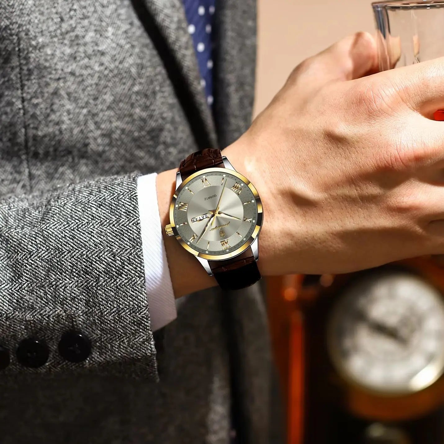 POEDAGAR Original Fashion Men's Watches Leather Date Week High Quality Quartz Men Wristwatch Waterproof Luminous Business Watches For Man Male Reloj