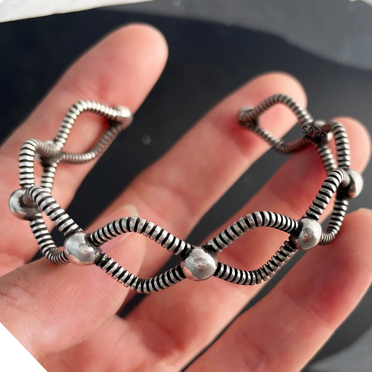 Chain and Link Bracelets Vintage Handmade Simple Retro Black Stone 925 Silver