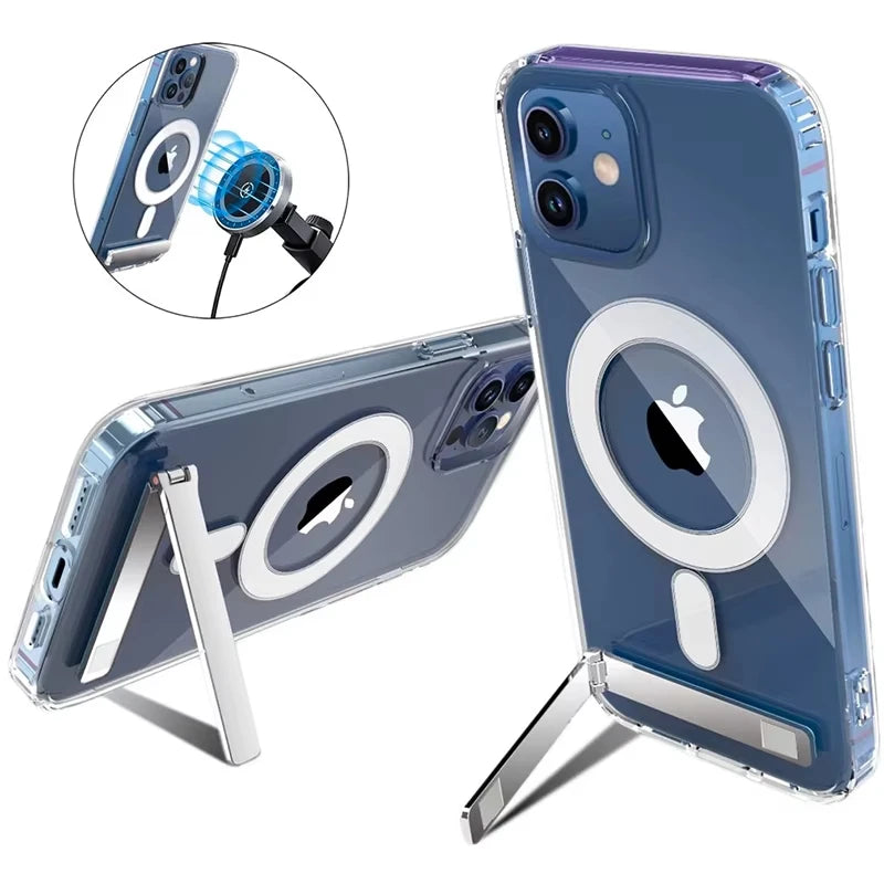 Stand Clear Magnetic Phone Case for iPhone 17 Pro Max Air 16 15 14 13 12 11 X XS Cases with Kickstand Transparent Holder Cover